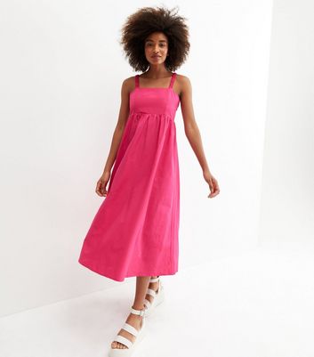 Bright Pink Poplin Open Back Strappy Midi Dress New Look