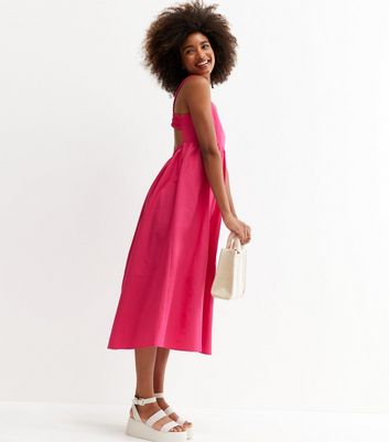 Bright Pink Poplin Open Back Strappy Midi Dress New Look