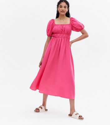 Click to view product details and reviews for Bright Pink Ruched Square Neck Midaxi Dress New Look.