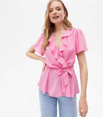 Bright Pink Check Frill Tie Waist Wrap Peplum Blouse