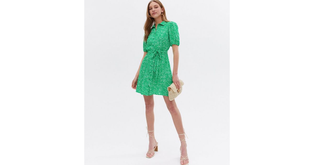 Green Geo Print Belted Mini Shirt Dress
