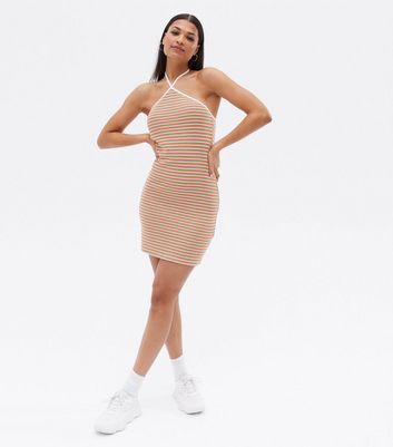 Pink Stripe Jersey Mini Bodycon Halter Dress New Look