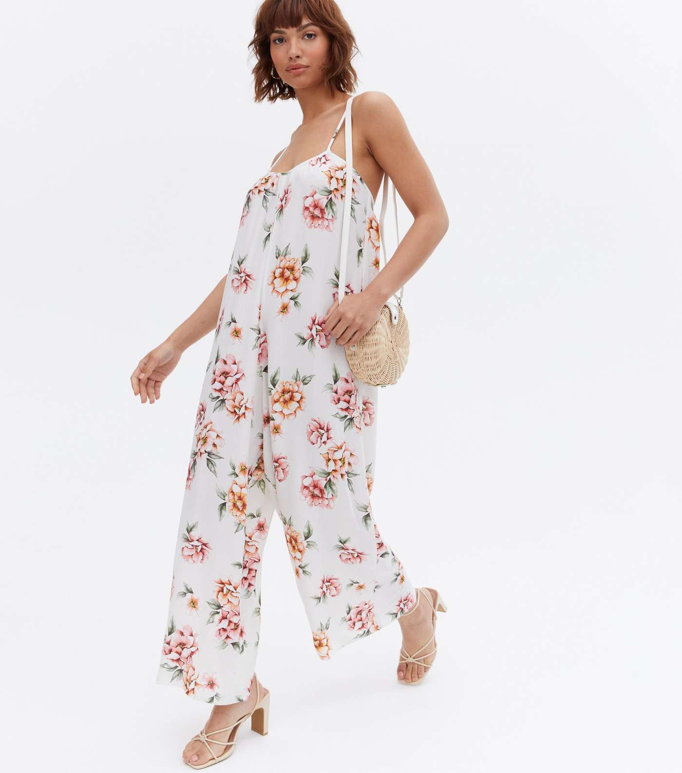 White Floral Strappy Oversized Crop Jumpsuit