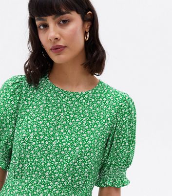 Green Ditsy Floral Puff Sleeve Midi 