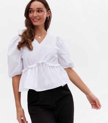 Cameo Rose White V Neck Frill Peplum Blouse New Look