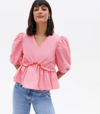 Cameo Rose Pink V Neck Frill Peplum Blouse New Look