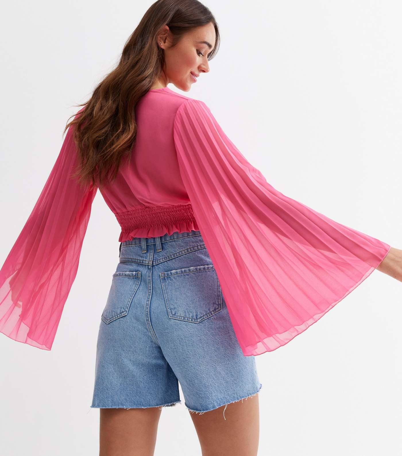 Cameo Rose Bright Pink Pleated Sleeve Crop Wrap Top Image 4