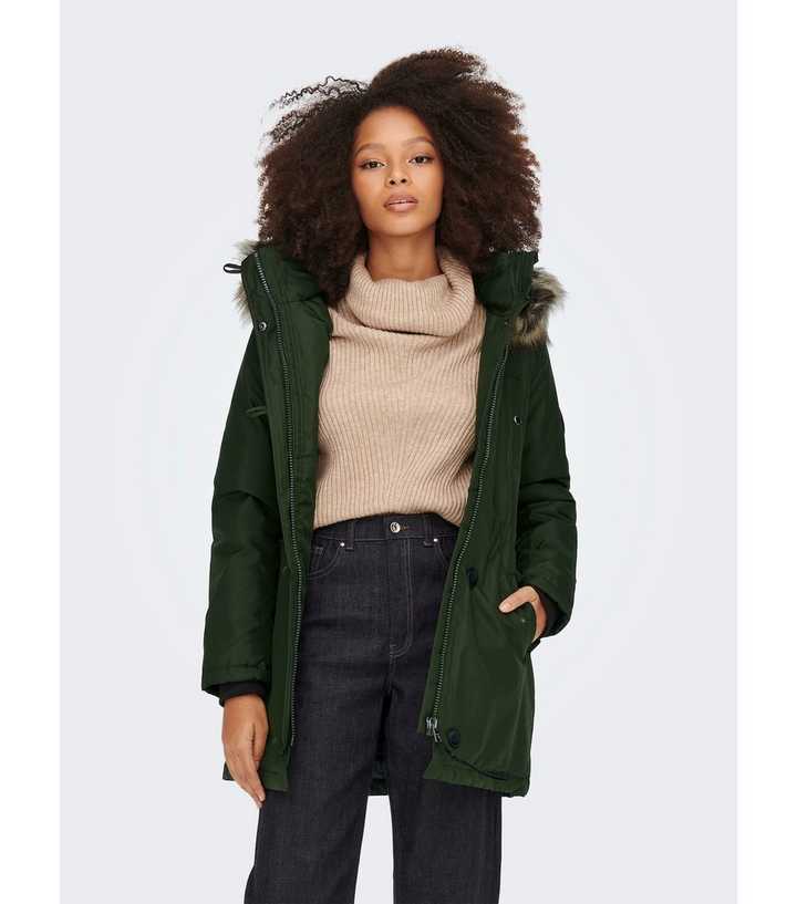ONLY Petite Green Faux Fur Hooded Parka Jacket | New Look