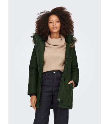 ONLY Petite Green Faux Fur Hooded Parka Jacket New Look