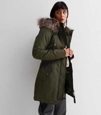 ONLY Tall Khaki Faux Fur Trim Hooded Parka Jacket | New Look