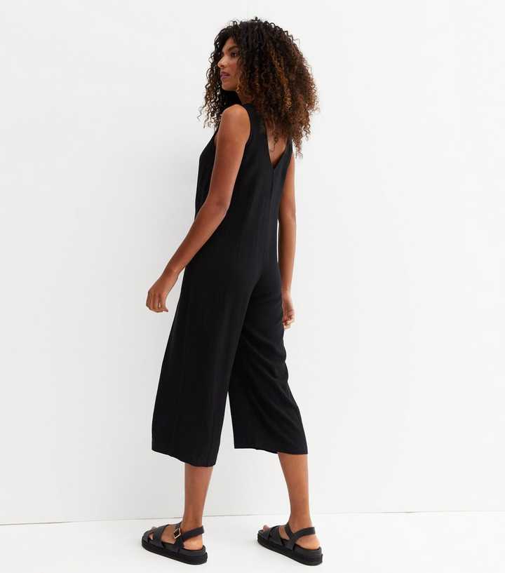 Black Linen-Look Button Sleeveless Crop Jumpsuit