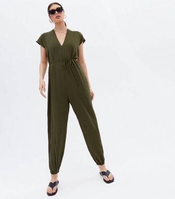 Damen Bekleidung Khaki Crinkle Tie Waist V Neck Jumpsuit Damen Bekleidung Khaki Crinkle Tie Waist V Neck Jumpsuit