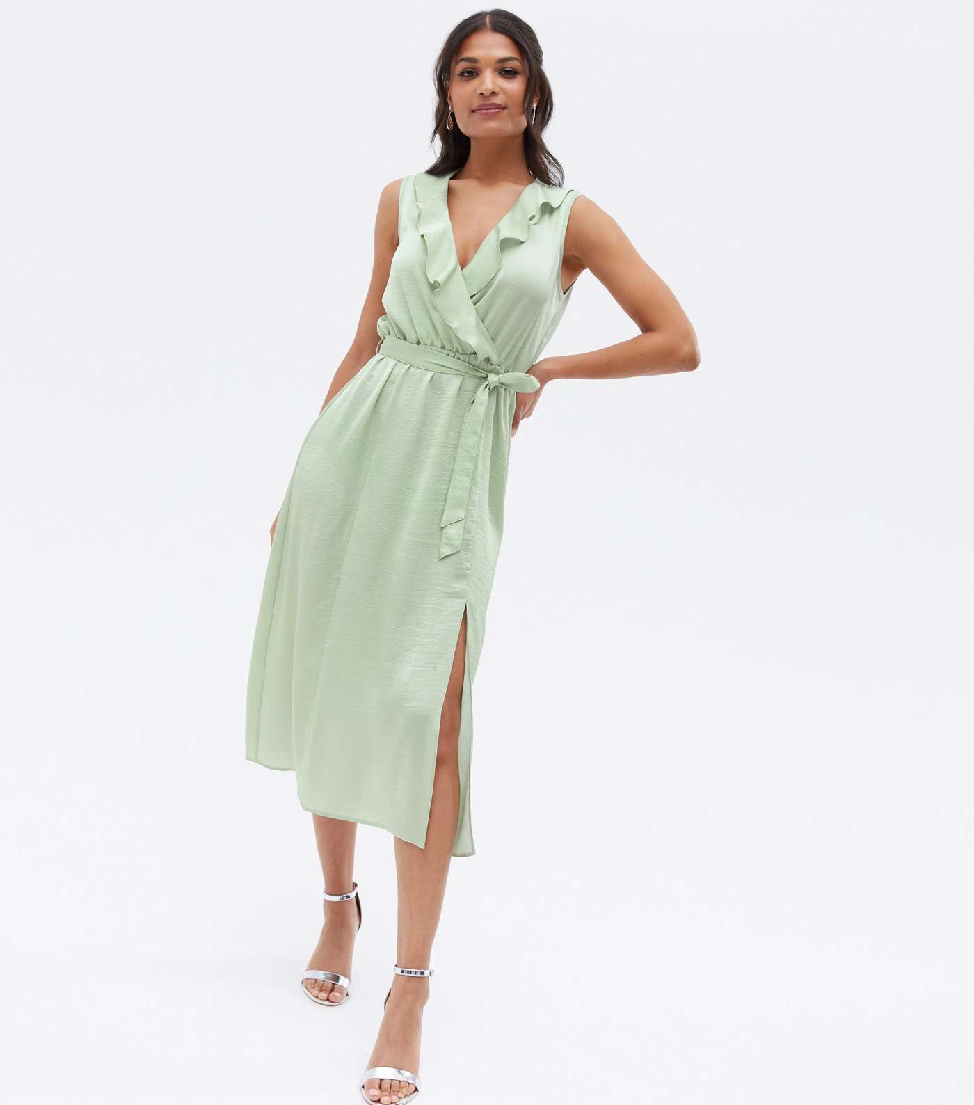Light Green Satin Sleeveless Ruffle Midi Wrap Dress Image 2