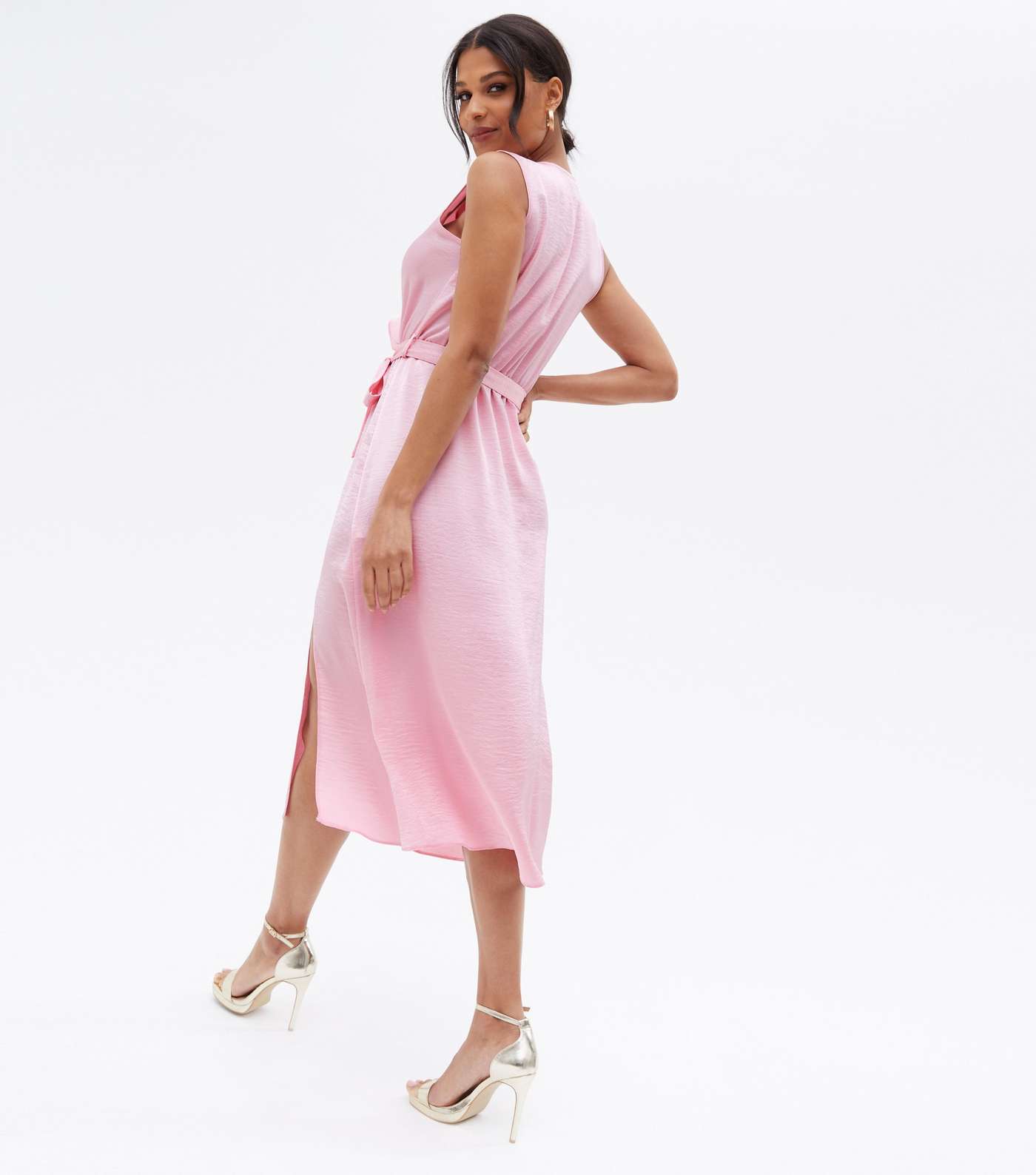 Pale Pink Satin Sleeveless Ruffle Midi Wrap Dress Image 4