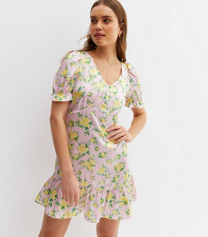 Pink Floral Satin Puff Sleeve Tie Back Mini Dress