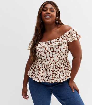 Curves Brown Daisy Frill Bardot Peplum Top
