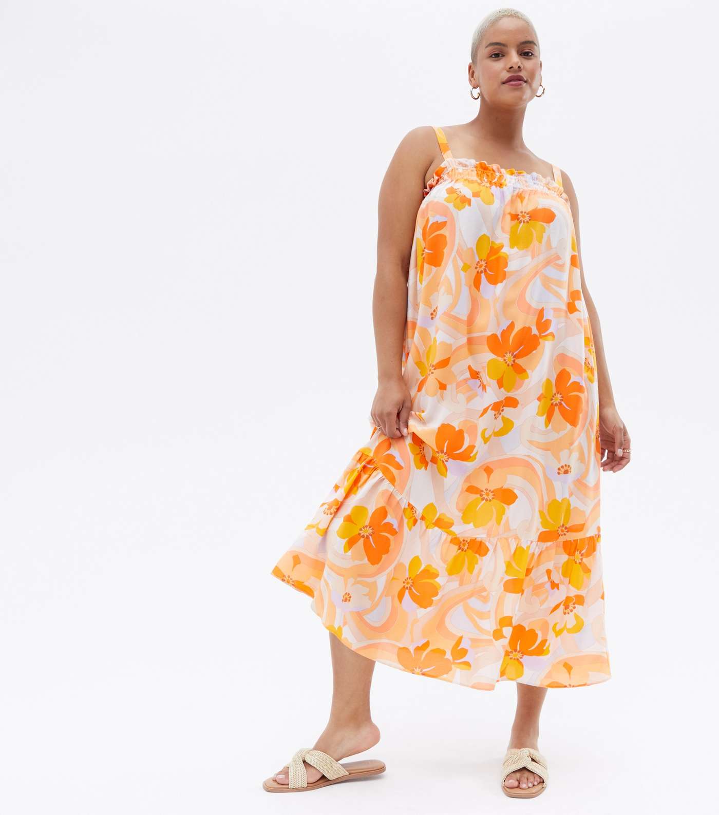 Curves Orange Floral Tiered Strappy Midi Dress