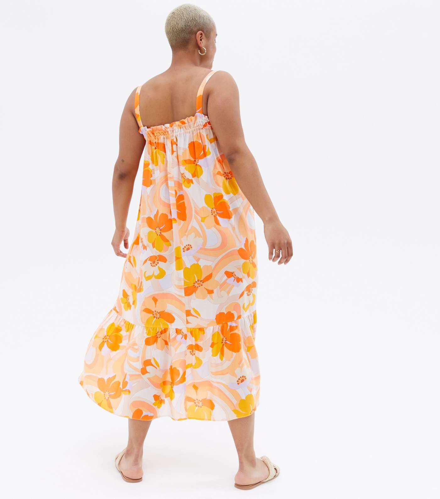 Curves Orange Floral Tiered Strappy Midi Dress Image 3