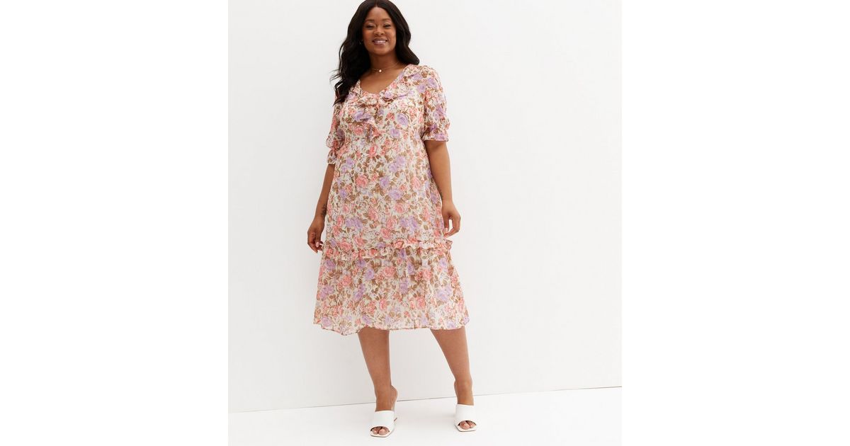 Curves White Floral Chiffon Ruffle Midi Dress | New Look