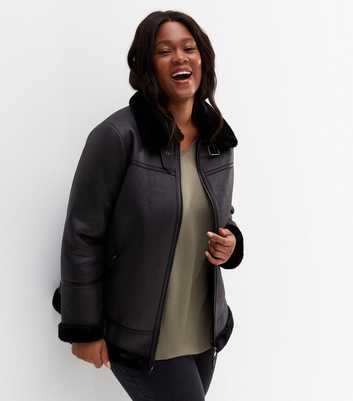 Curves Black Leather-Look Faux Fur Collared Aviator Jacket