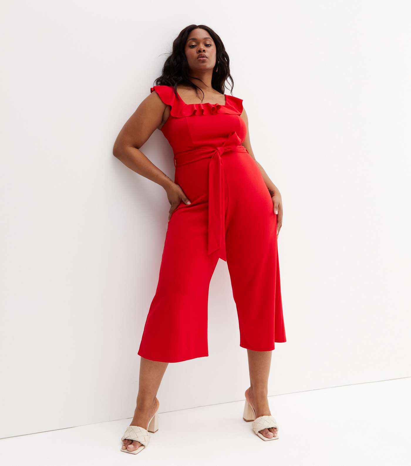 Curves Red Ruffle Square Neck Wide Leg Crop Jumpsuit Image 2