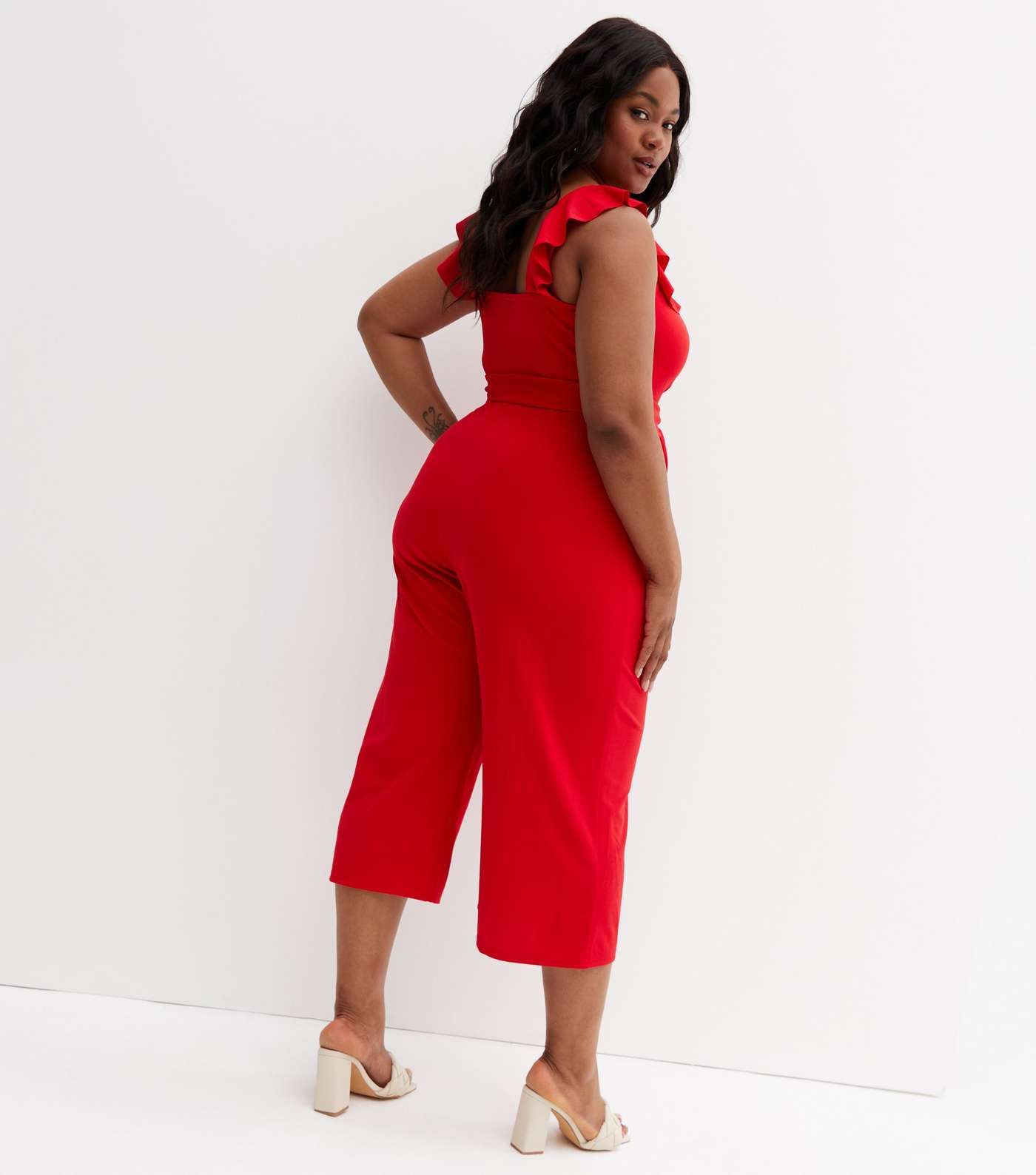 Curves Red Ruffle Square Neck Wide Leg Crop Jumpsuit Image 4