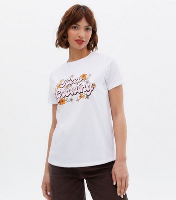 White Floral Keep Growing Logo T Shirt New Look