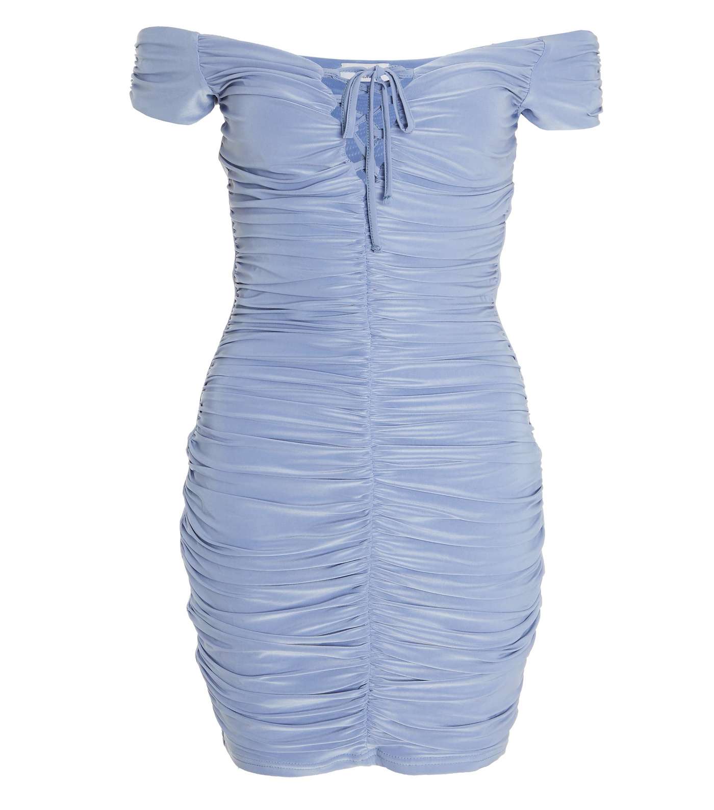 QUIZ Pale Blue Ruched Tie Front Bardot Mini Bodycon Dress Image 4