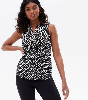 Black Spot Ruched Sleeveless Collared 