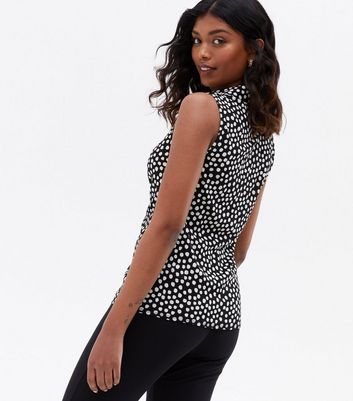 Black Spot Ruched Sleeveless Collared Blouse New Look