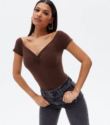 Dark Brown Soft Ribbed Twist Front T 