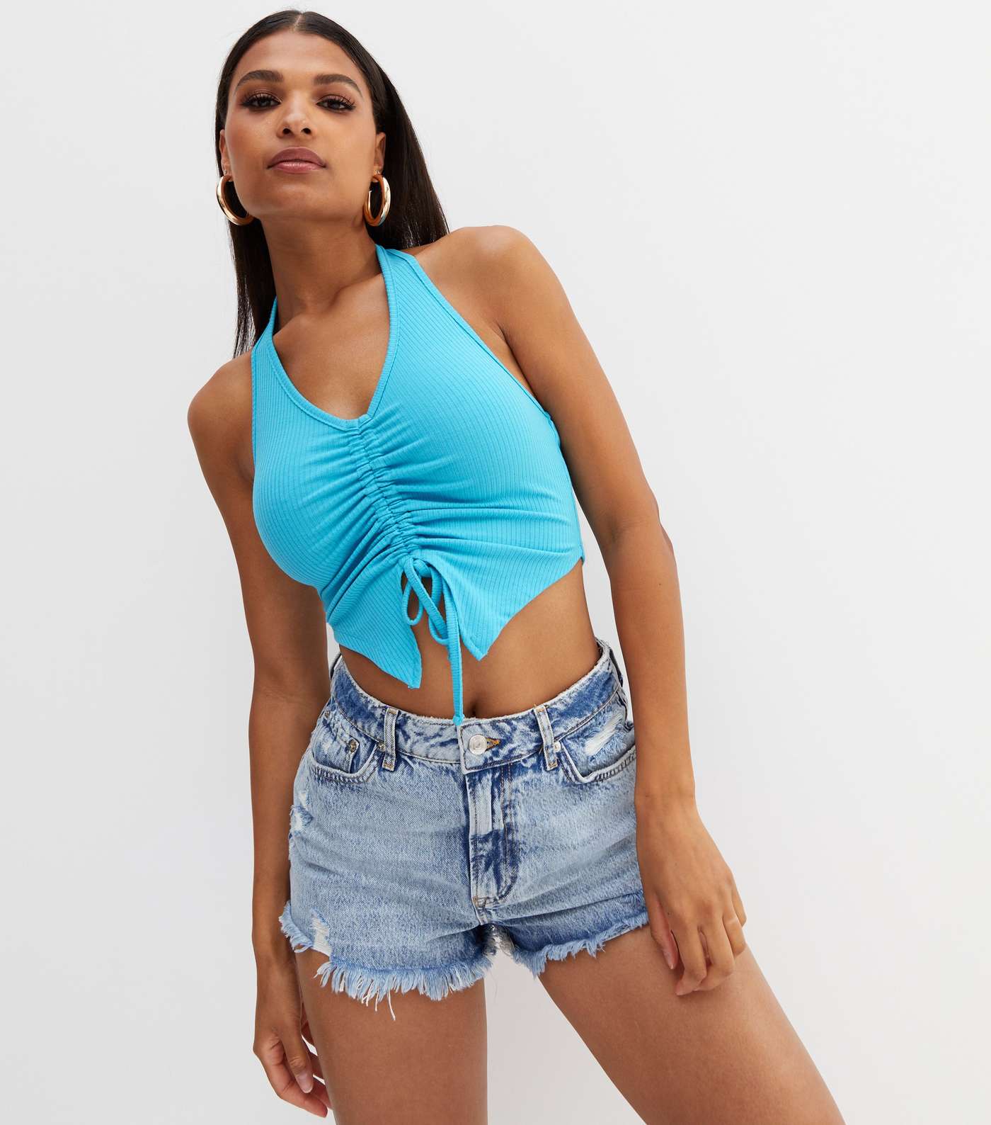 Turquoise Ribbed Ruched Hanky Hem Halter Crop Top