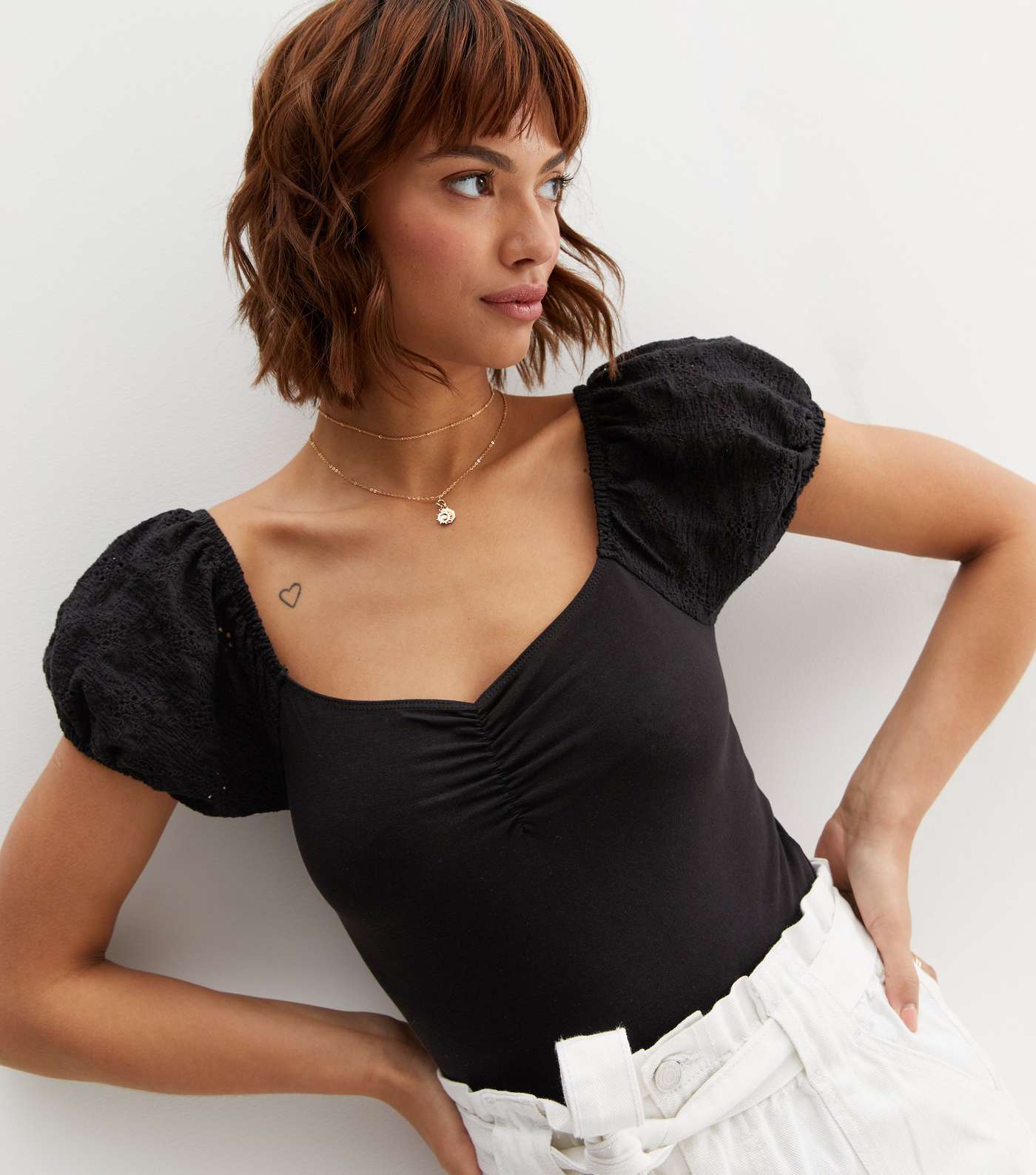 Black Broderie Puff Sleeve Ruched Bodysuit