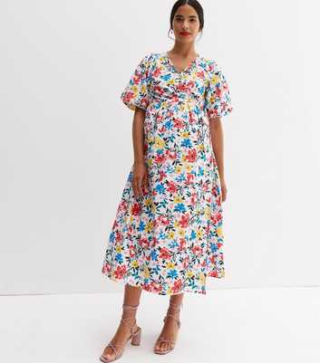 Maternity White Floral Poplin Short Puff Sleeve Midi Wrap Dress