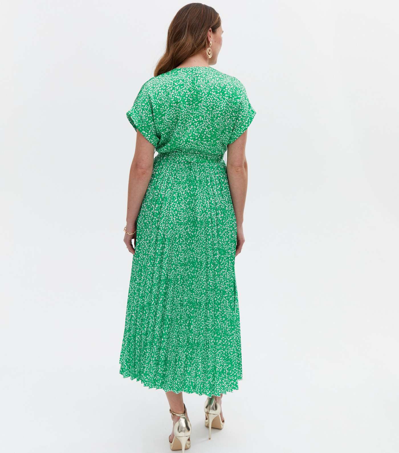 Maternity Green Animal Print Satin Pleated Midi Wrap Dress Image 4