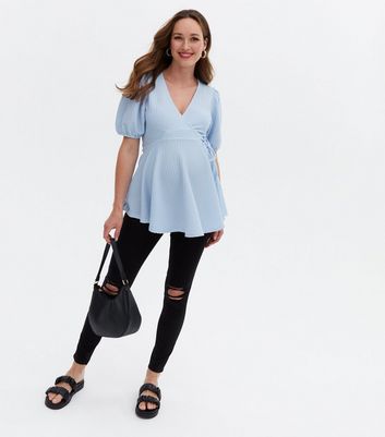 Maternity Pale Blue Textured Wrap Peplum Top New Look