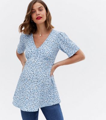 Click to view product details and reviews for Maternity Pale Blue Floral Button Peplum Top New Look.