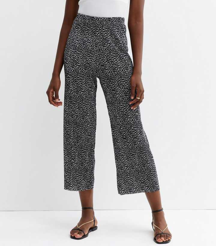 Tall Black Animal Print Plissé Wide Leg Crop Trousers