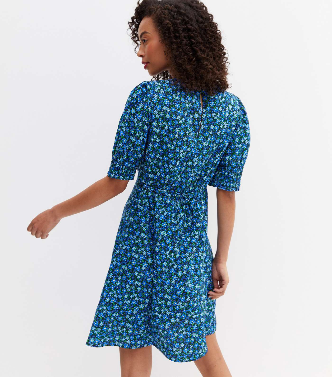 Tall Blue Ditsy Floral Crepe Tie Back Mini Dress Image 4