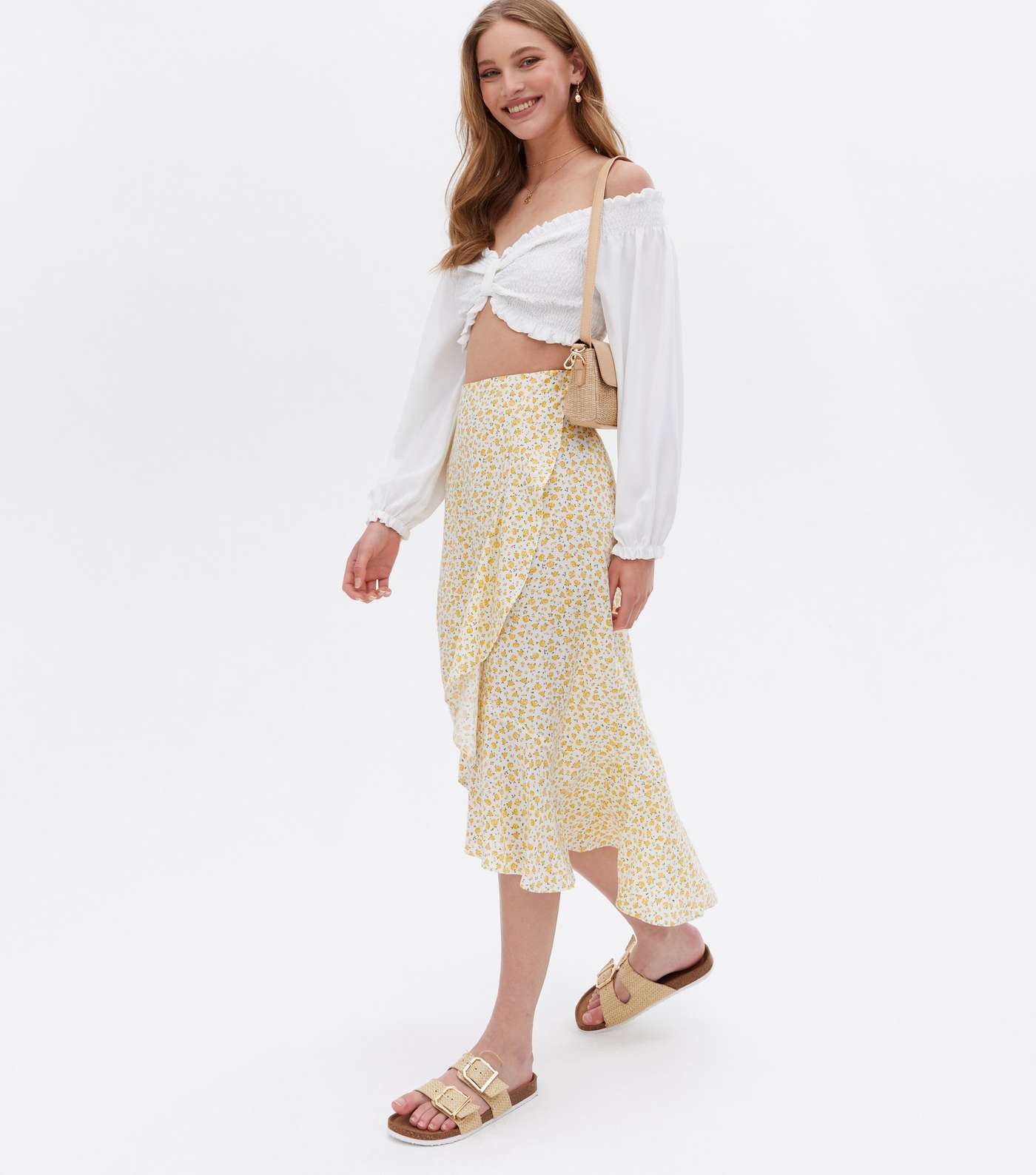 Yellow Ditsy Floral Ruffle Wrap Midi Skirt