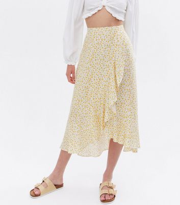 Yellow Ditsy Floral Ruffle Wrap Midi Skirt New Look