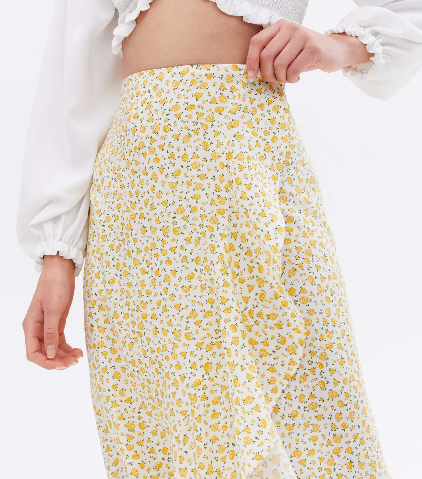 Yellow Ditsy Floral Ruffle Wrap Midi Skirt Image 3