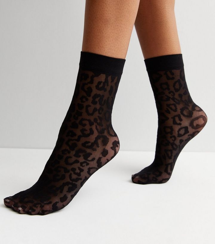 Black Flocked Leopard Print Sheer Socks | New Look