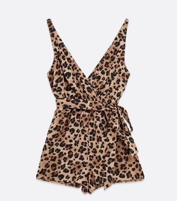 Brown Leopard Print Crepe Shirred Wrap Playsuit New Look