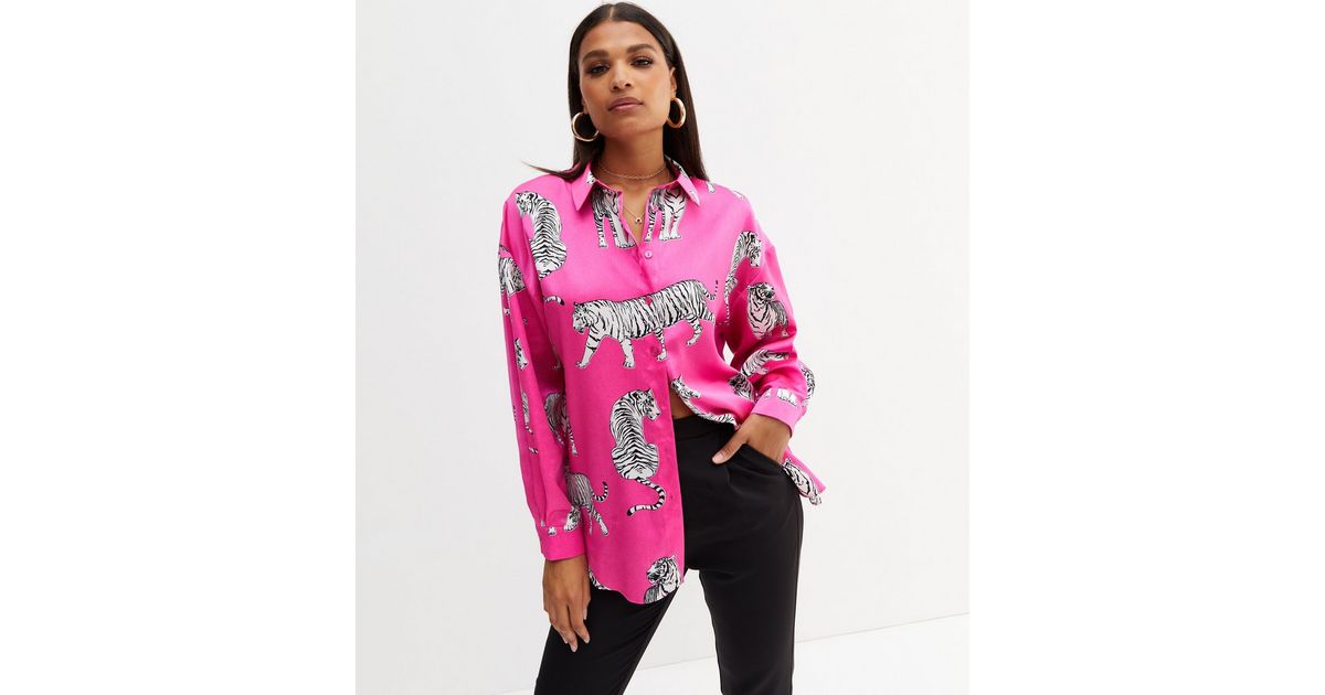 Pink Tiger Print Satin Oversized Shirt | New Look