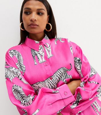 Pink Tiger Print Satin Oversized Shirt 