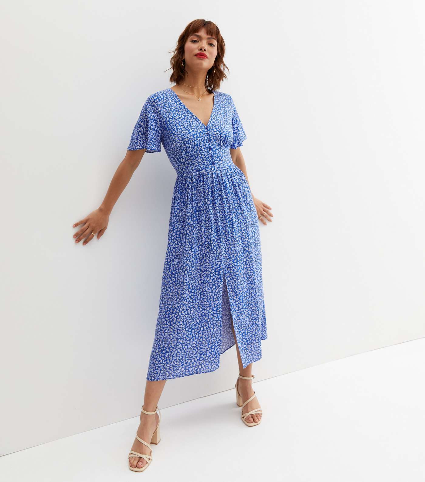 Blue Ditsy Floral Button Front Midi Dress Image 3