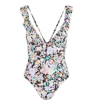 PIECES Black Floral Frill Swimsuit New Look