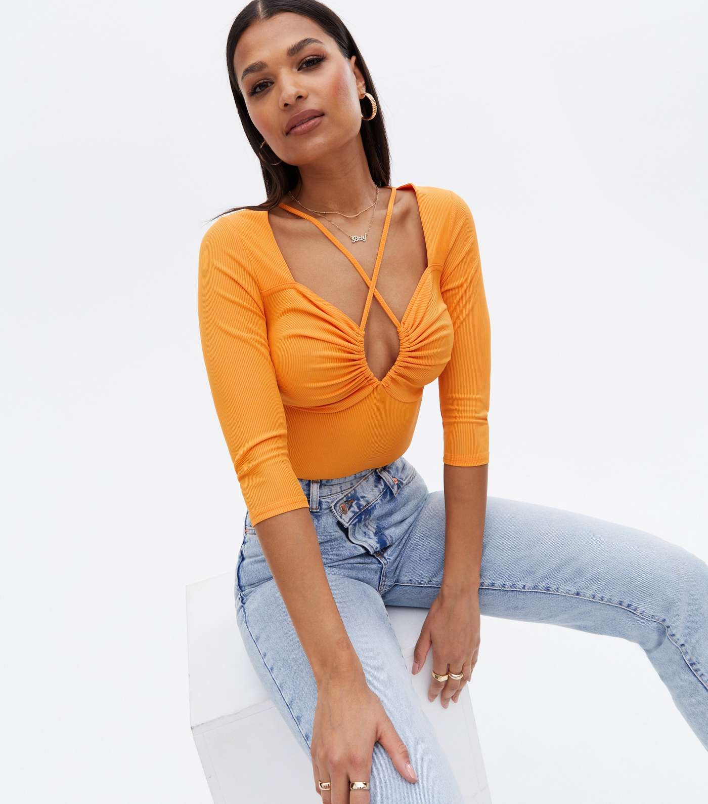 Bright Orange Ribbed Strappy Cut Out Top