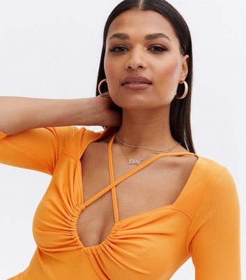 Damen Bekleidung Bright Orange Ribbed Strappy Cut Out Top